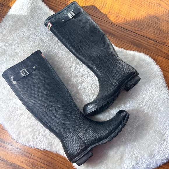 Hunter Black Embossed Original Tall Waterproof Boots Sz 7 - Picture 2 of 13